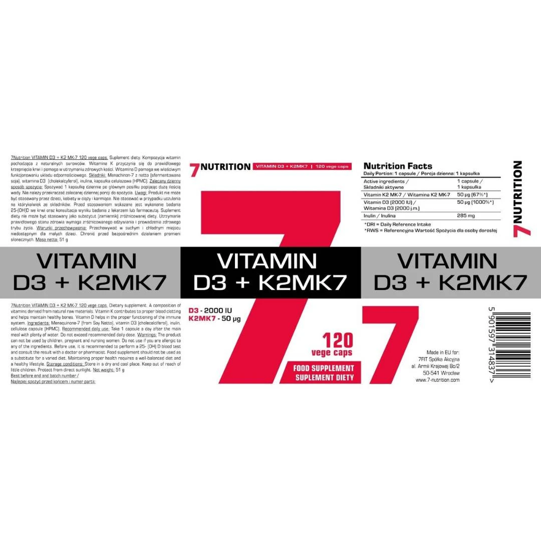 7 NUTRITION VITAMIN D3 2000 I.U. +K2 MK7 50 mcg 120 Kapsula sa Inulinom; protiv Bolova i Ukočenosti Zglobova, za Brže Zarastanje Preloma Kosti, Protiv Osteoporoze i Osteopenije, za Žene u Menopauzi