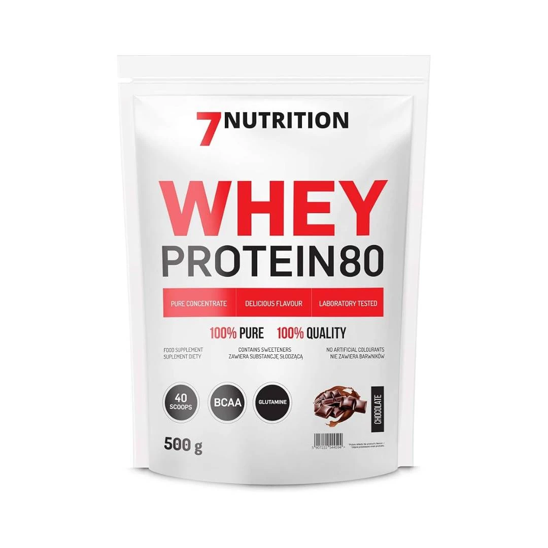 7 NUTRITION WHEY PROTEIN 80 Chocolate 500 g; za Povećanje Mišićne Mase, za Smanjenje Masnog Tkiva i Mršavljenje, Antikatabolik, Anabolik