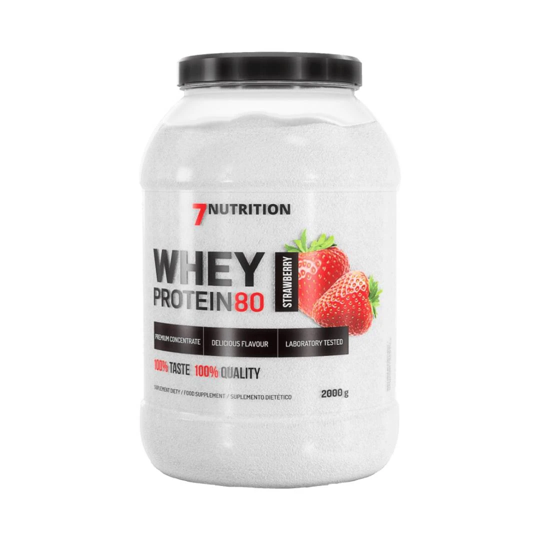 7 NUTRITION WHEY PROTEIN 80 Strawberry 2 kg; za Povećanje Mišićne Mase, za Smanjenje Masnog Tkiva i Mršavljenje, Antikatabolik, Anabolik