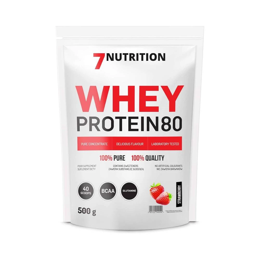 7 NUTRITION WHEY PROTEIN 80 Strawberry 500 g; za Povećanje Mišićne Mase, za Smanjenje Masnog Tkiva i Mršavljenje, Antikatabolik, Anabolik