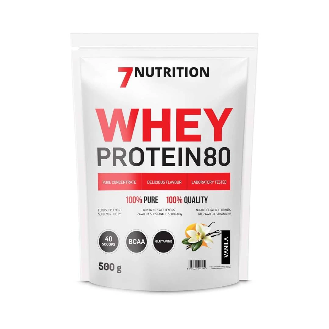 7 NUTRITION WHEY PROTEIN 80 Vanilla 500 g; za Povećanje Mišićne Mase, za Smanjenje Masnog Tkiva i Mršavljenje, Antikatabolik, Anabolik