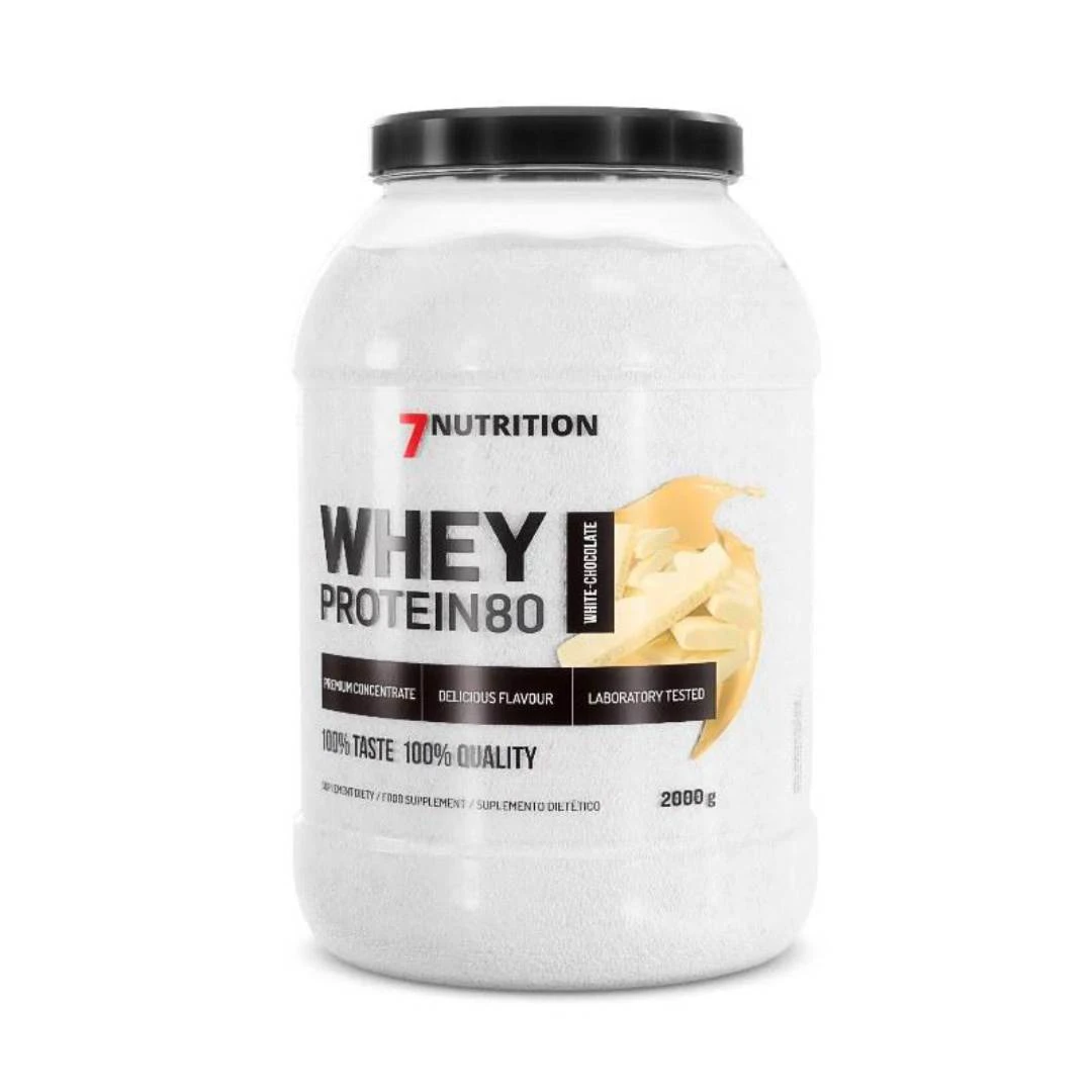 7 NUTRITION WHEY PROTEIN 80 White Chocolate 2 kg; za Povećanje Mišićne Mase, za Smanjenje Masnog Tkiva i Mršavljenje, Antikatabolik, Anabolik