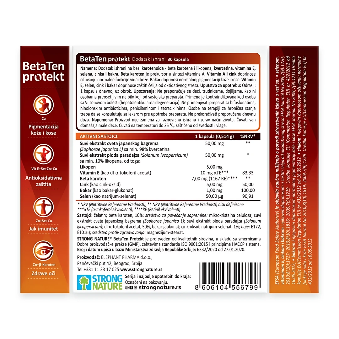 STRONG NATURE® BetaTen Protekt 30 Kapsula; Sunčanje; Bronzani; Bakarni Ten Beta Karoten