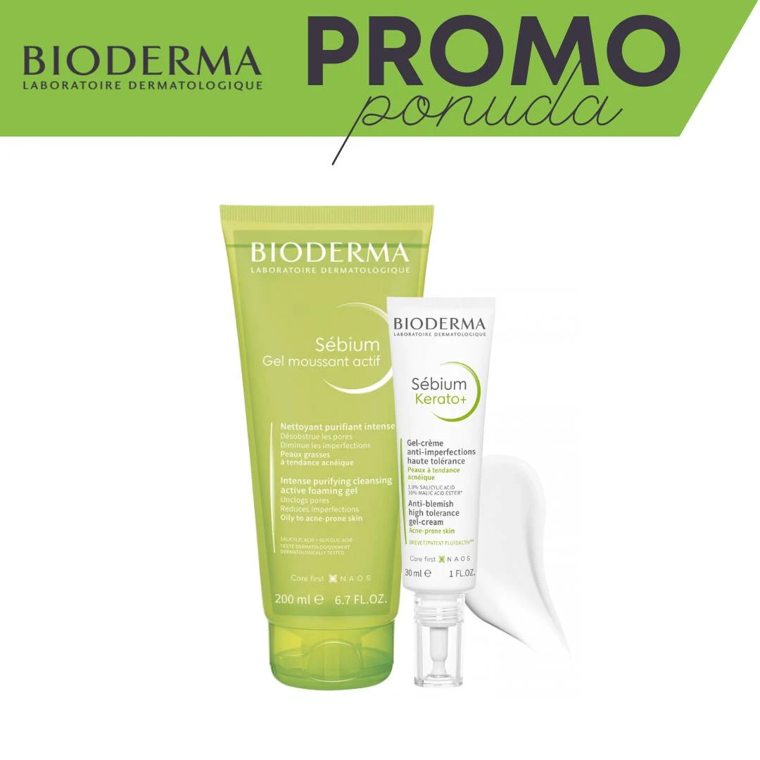 BIODERMA Sébium PROMO Aktivni Gel za Umivanje 200 mL i Kerato+ Gel-Krema 30 mL; Akne; Bubuljice; Mitiseri; Proširene Pore; Masna Koža