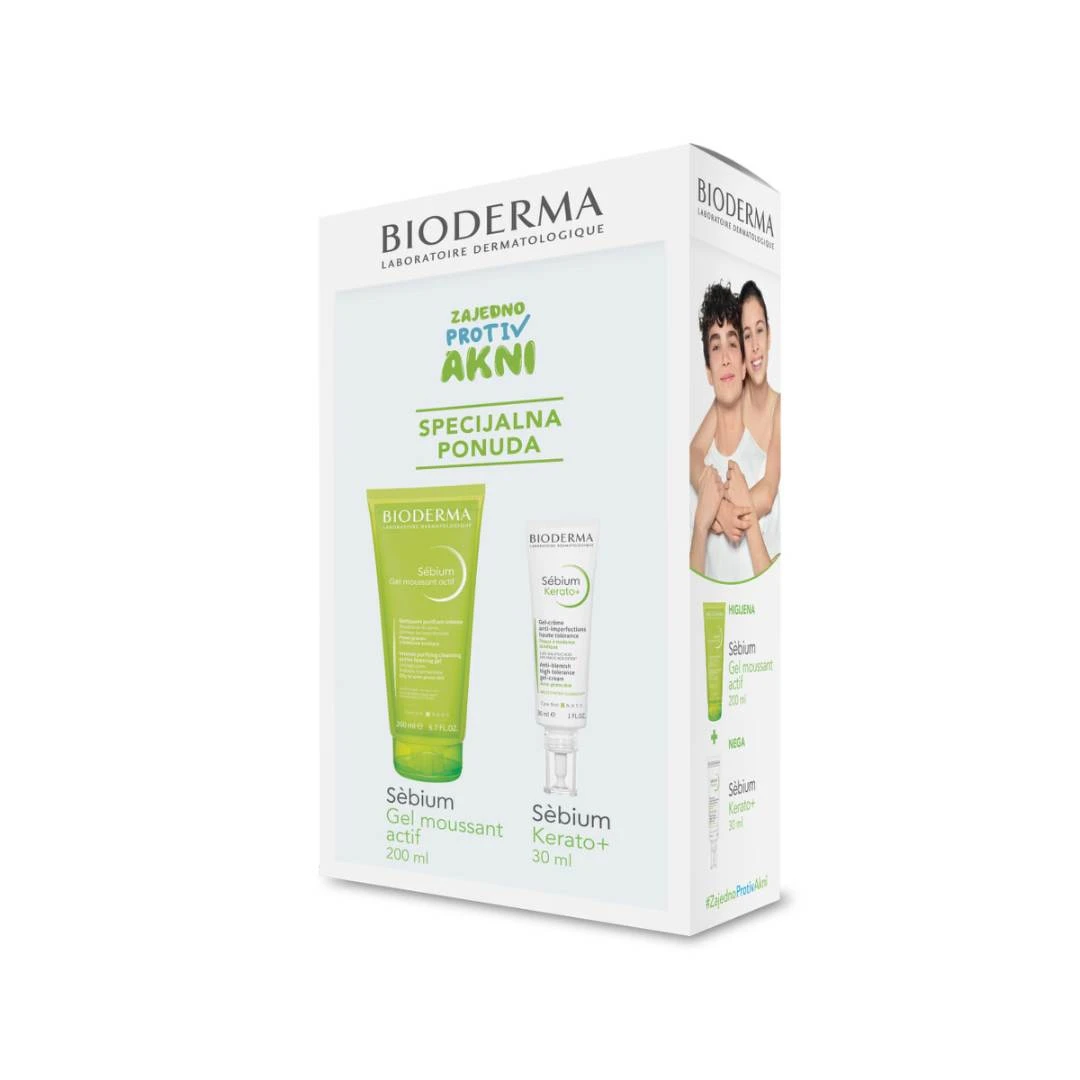 BIODERMA Sébium PROMO Aktivni Gel za Umivanje 200 mL i Kerato+ Gel-Krema 30 mL; Akne; Bubuljice; Mitiseri; Proširene Pore; Masna Koža