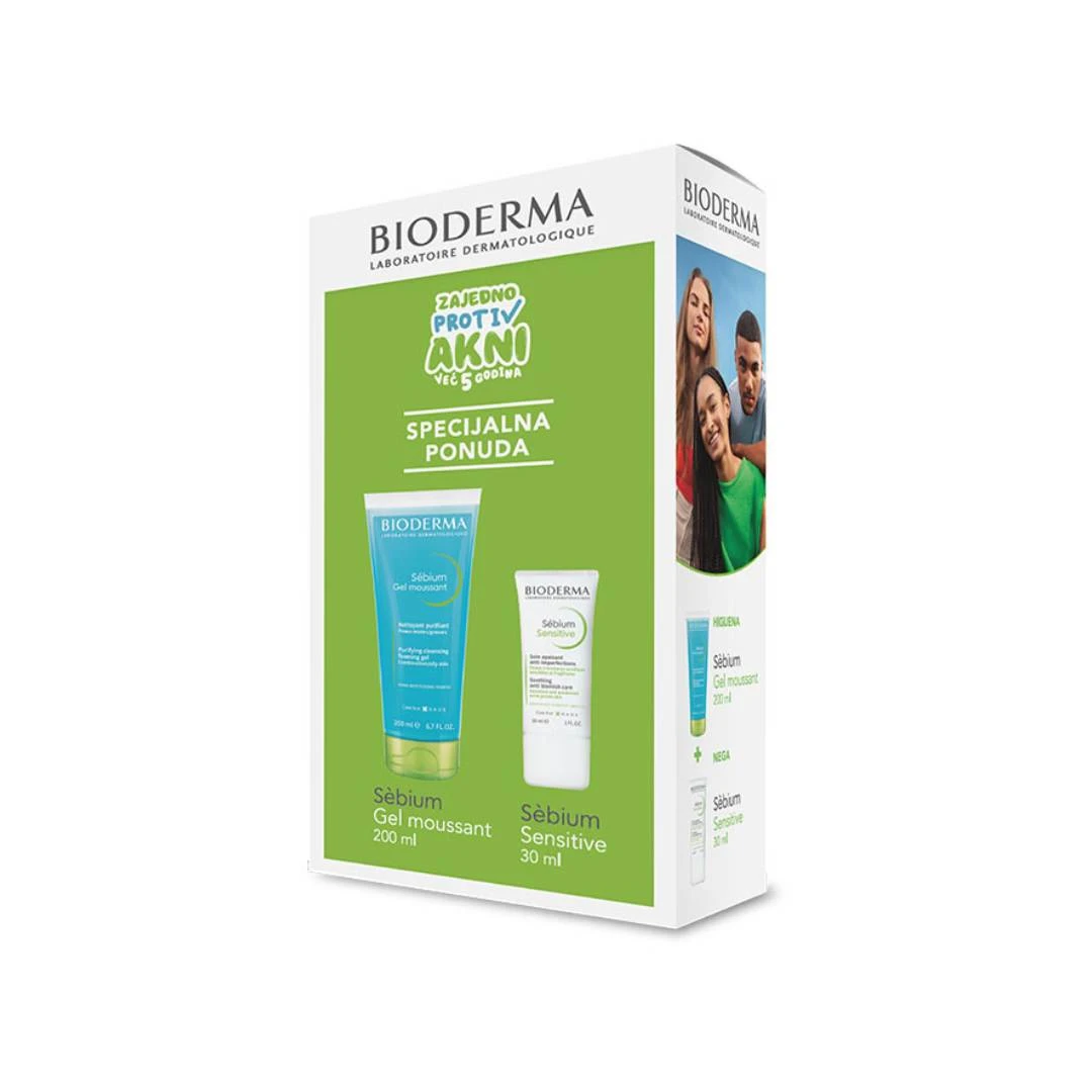 BIODERMA Sébium PROMO Gel za Umivanje Moussant 200 mL i Sensitive Krema 30 mL; Akne; Bubuljice; Masna Koža