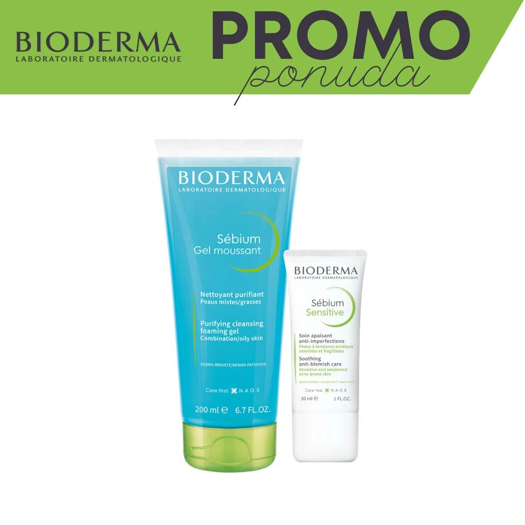 BIODERMA Sébium PROMO Gel za Umivanje Moussant 200 mL i Sensitive Krema 30 mL; Akne; Bubuljice; Masna Koža