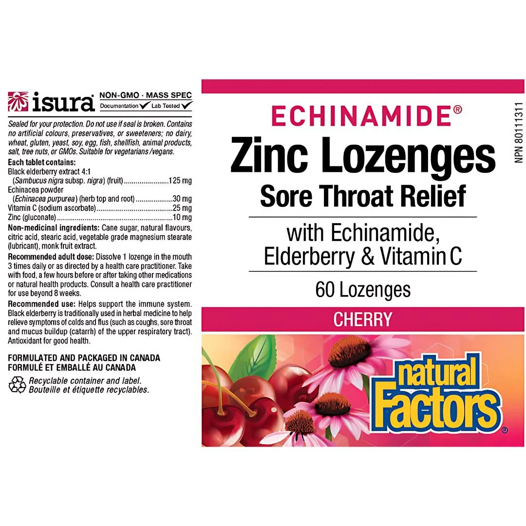 Natural Factors Zinc Lozenges with Echinamide, Elderberry & Vitamin C 60 Lozengi