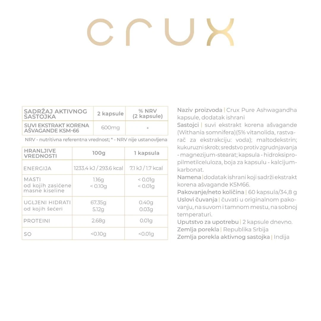 CRUX PURE Ashwagandha 60 Kapsula; Organska Ašvaganda