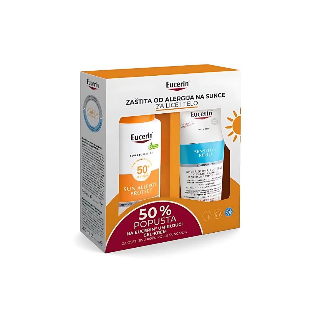 Eucerin® PROMO SUN Gel Krem Protiv Alergija SPF50+ 150 mL i After Sun Sensitive Gel Krema 200 mL; Zaštita Lica i Tela od Alergija na Sunce