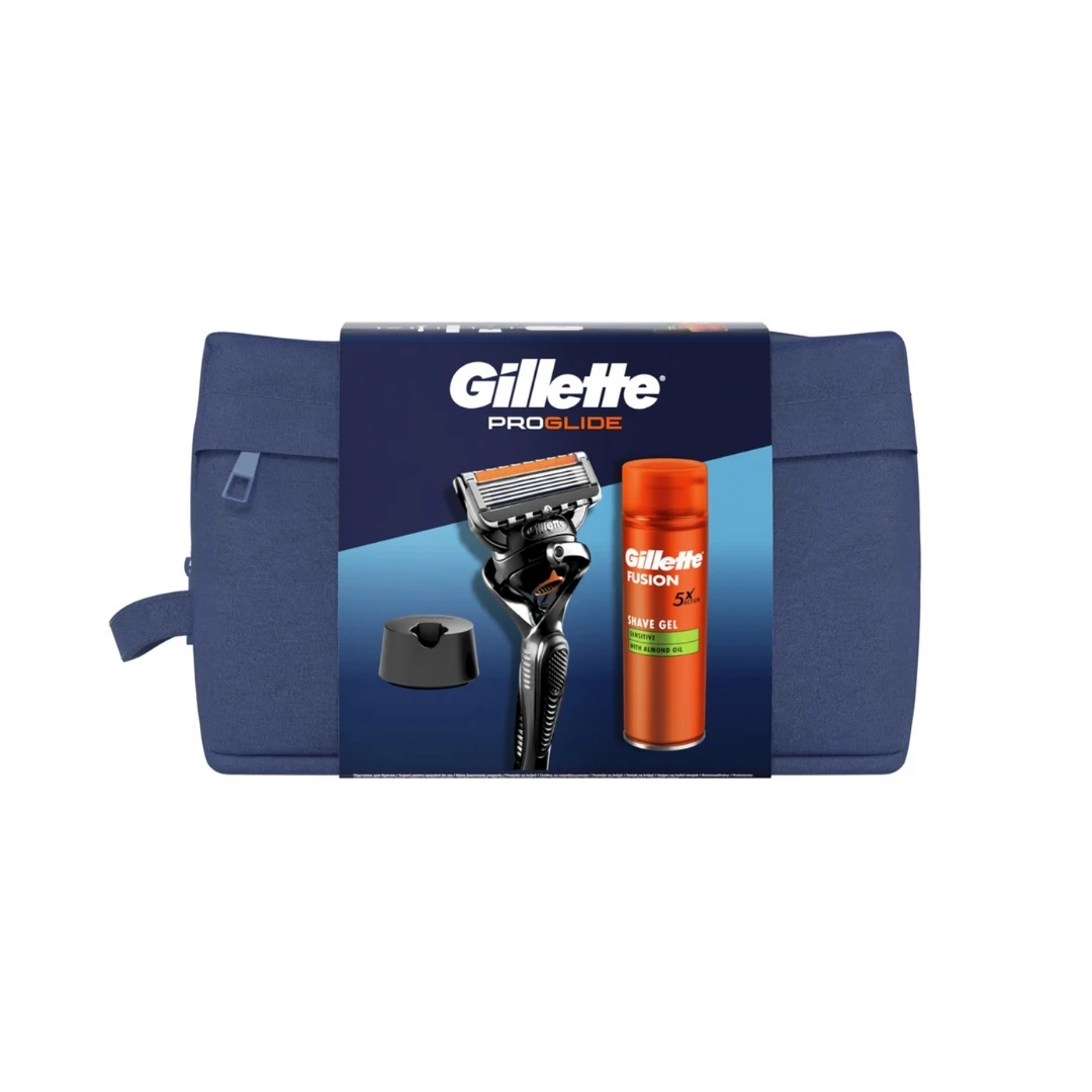 Gillette® PROMO Neseser sa PROGLIDE Aparatom sa 2 Brijača i FUSION5 Sensitive Gelom za Brijanje 200 mL