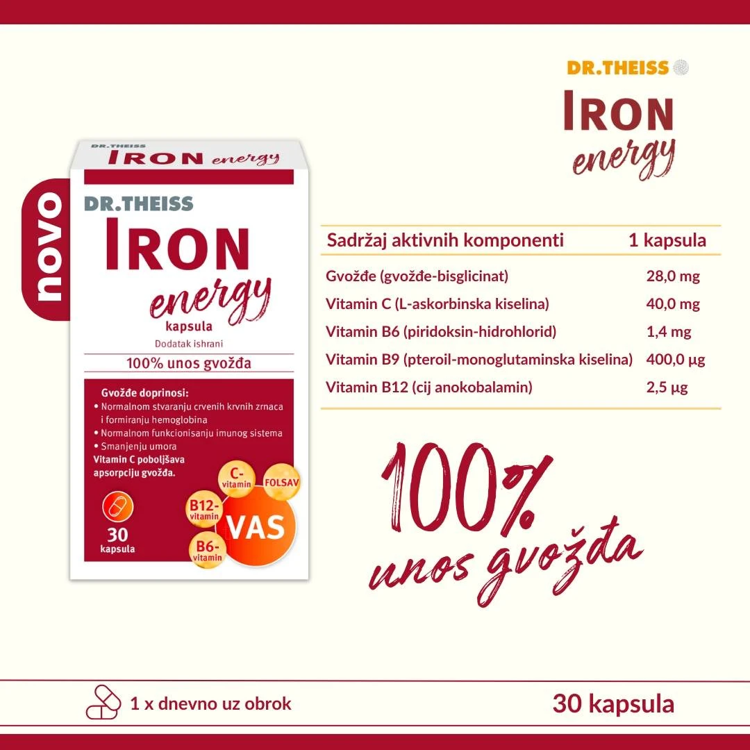 DR. THEISS IRON Energy 30 Kapsula sa Gvožđe Bisglicinatom za Malokrvnost-Anemije