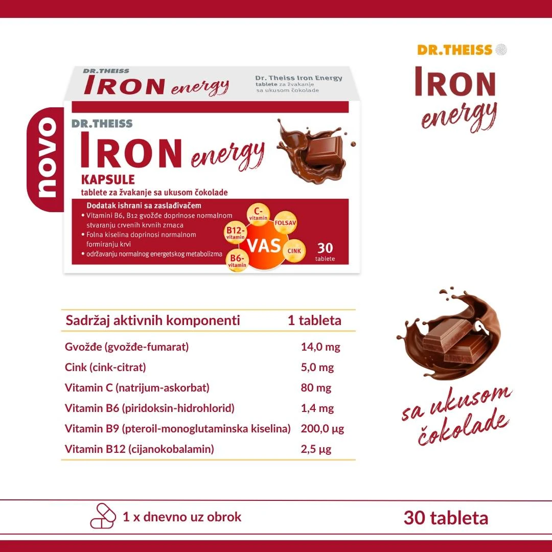 DR. THEISS IRON Energy 30 Tablete za Žvakanje sa Ukusom Čokolade