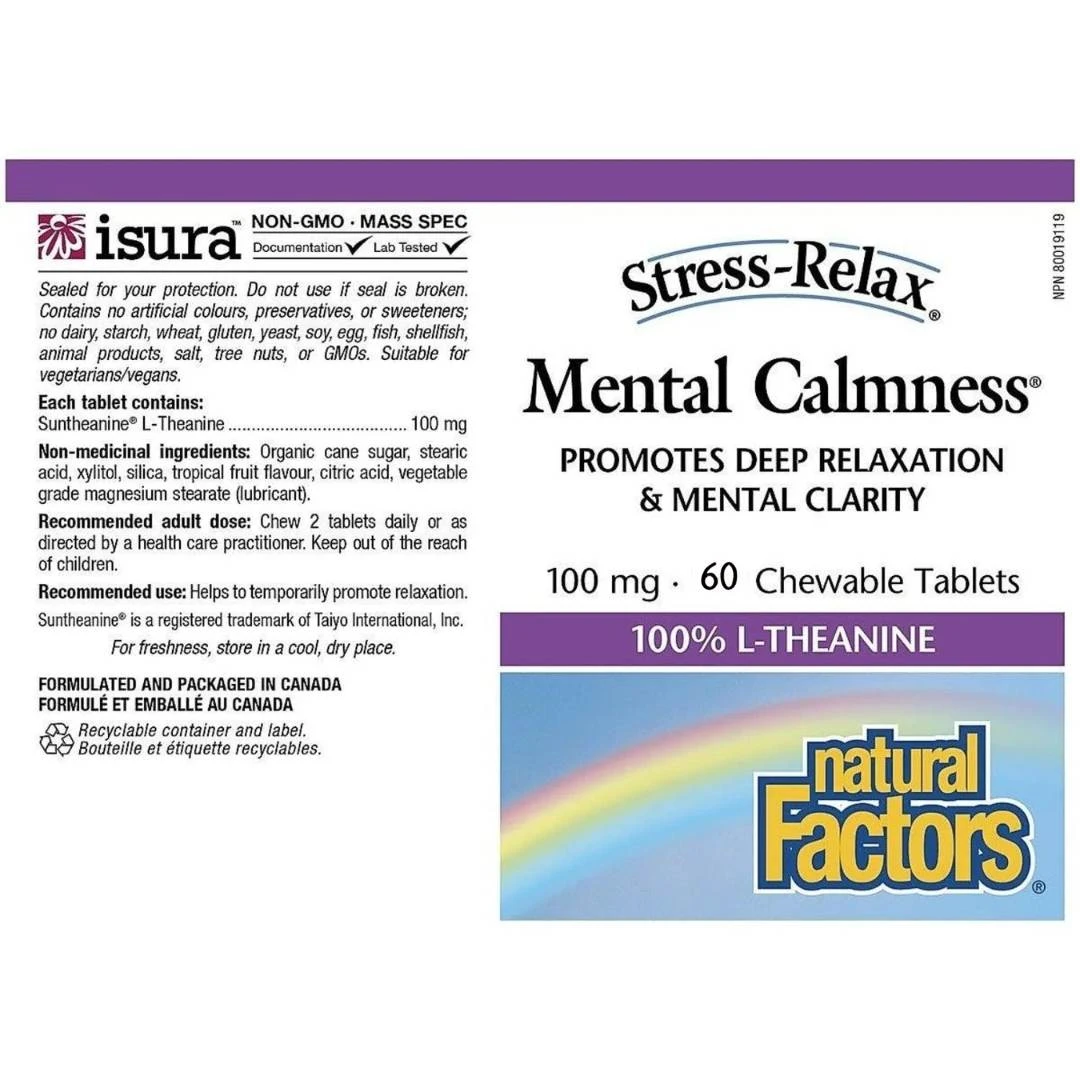 Natural Factors Mental Calmness L-Theanine 100 mg 60 Tableta za Žvakanje za Prirodnu Kontrolu Anksioznosti i Stresa