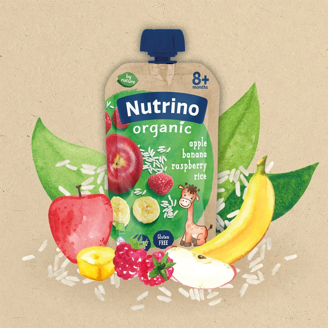 Nutrino ORGANIC Voćni Pire-Jabuka, Banana, Malina i Pirinač 100 g