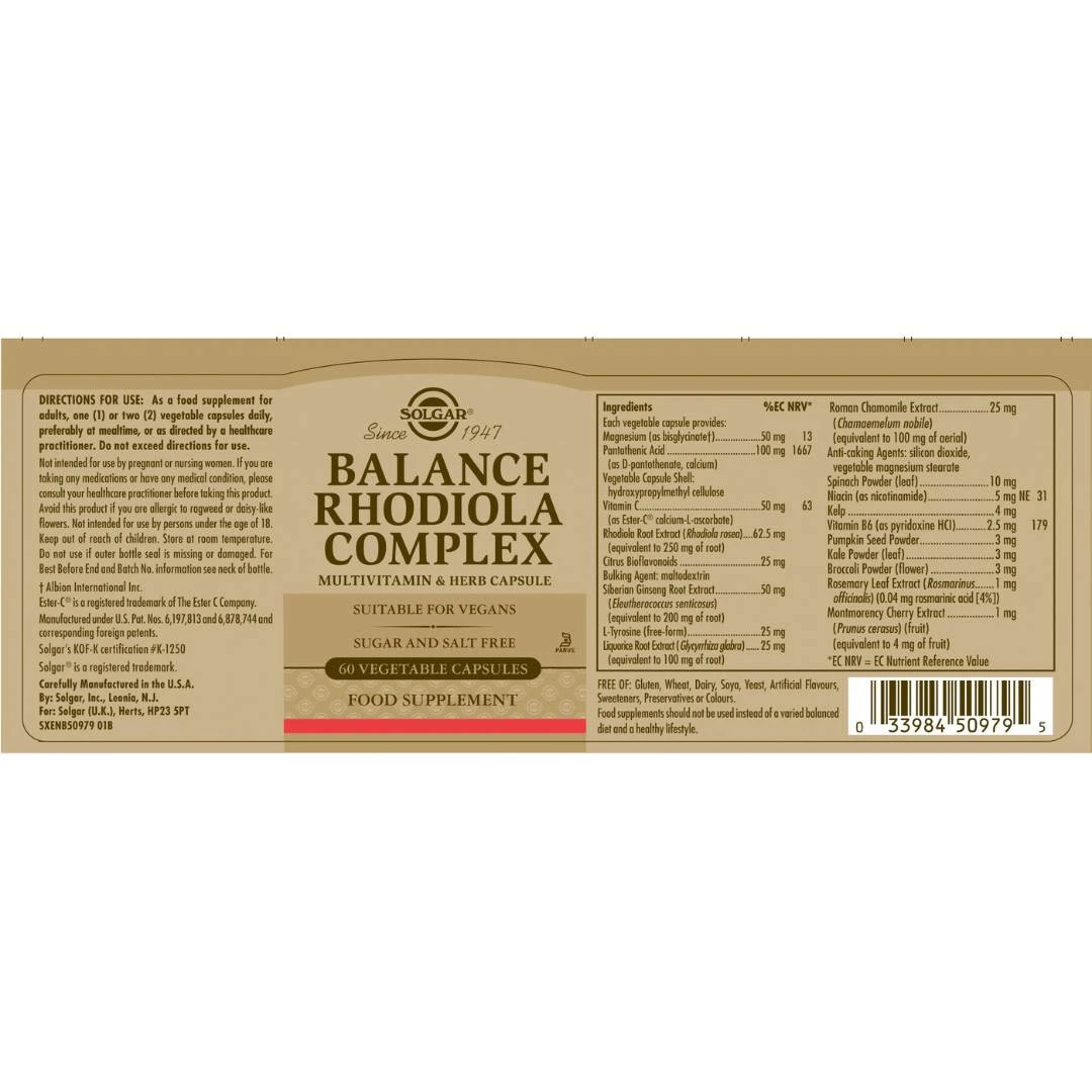 SOLGAR® Balance Rhodiola Complex 60 Kapsula Protiv Stresa, Umora i Iscrpljenosti