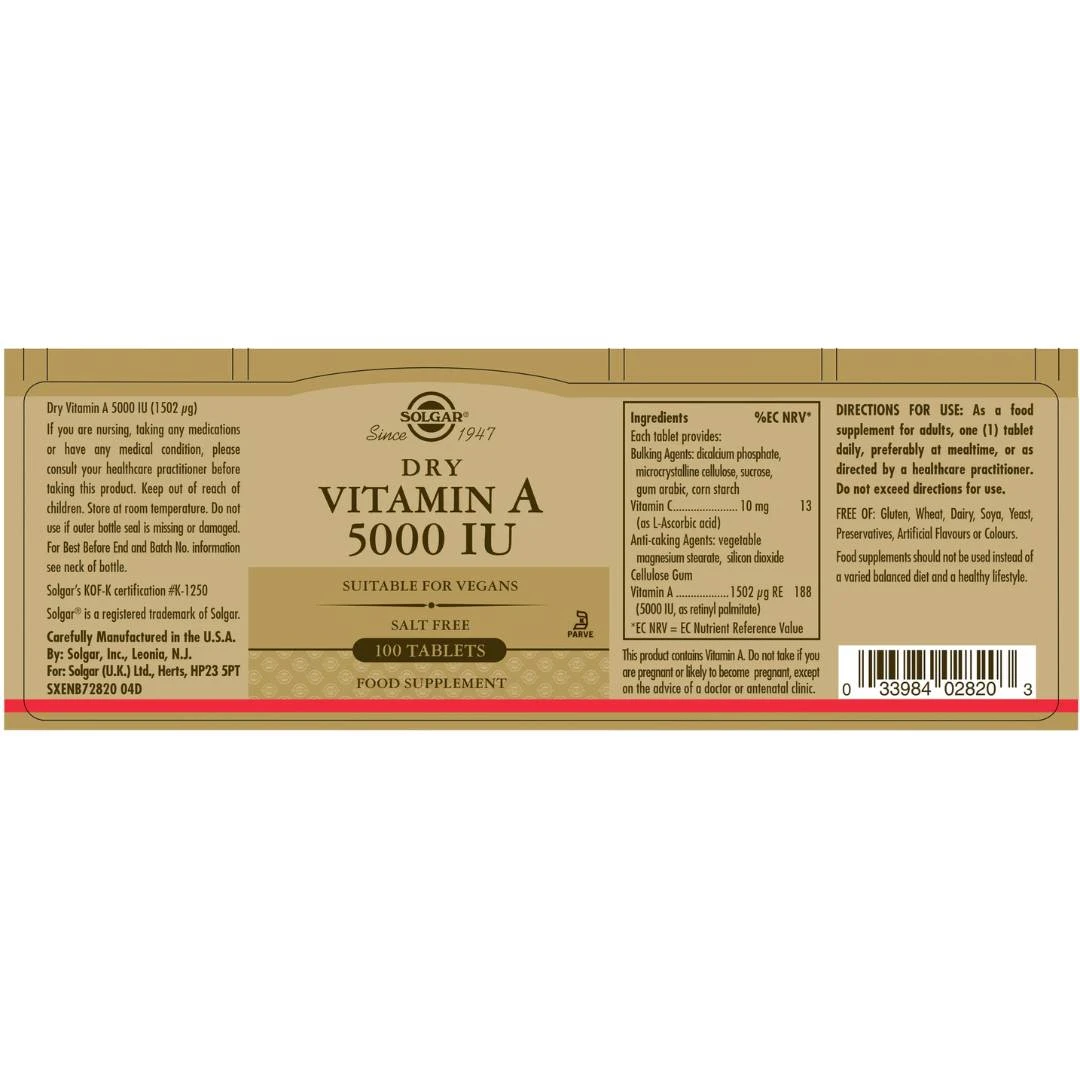 SOLGAR® Dry Vitamin A 5000 IU 100 Tableta Retinol