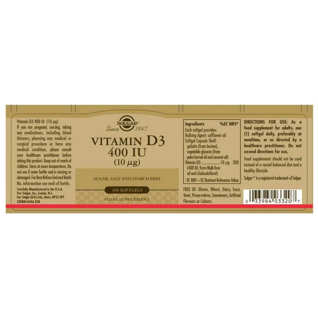 SOLGAR® Vitamin D3 10 mcg 100 Kapsula Holekalciferol