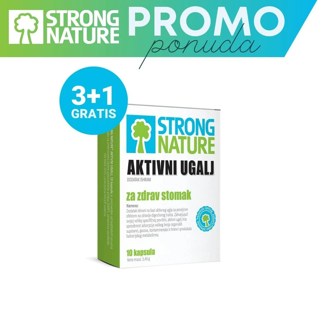 STRONG NATURE® Aktivni Ugalj 250 mg 10 Kapsula 3+1 Gratis Promo