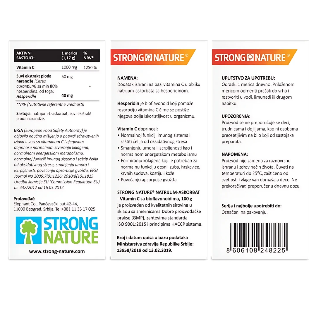 STRONG NATURE® Natrijum Askorbat - Vitamin C sa Bioflavonoidima Prah 100 g