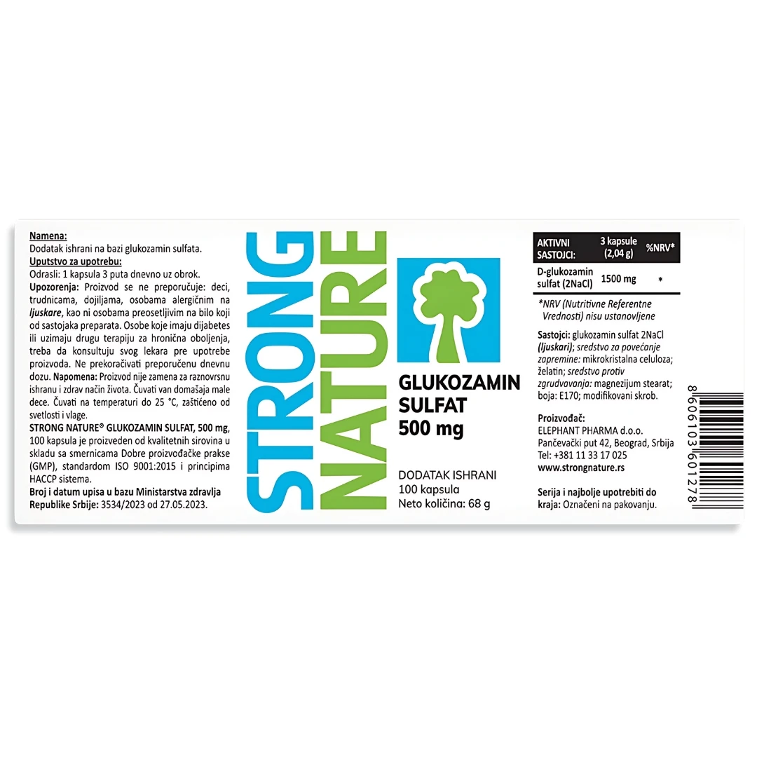 STRONG NATURE® Glukozamin Sulfat 500 mg 100 Kapsula; za Zglobove i Kosti