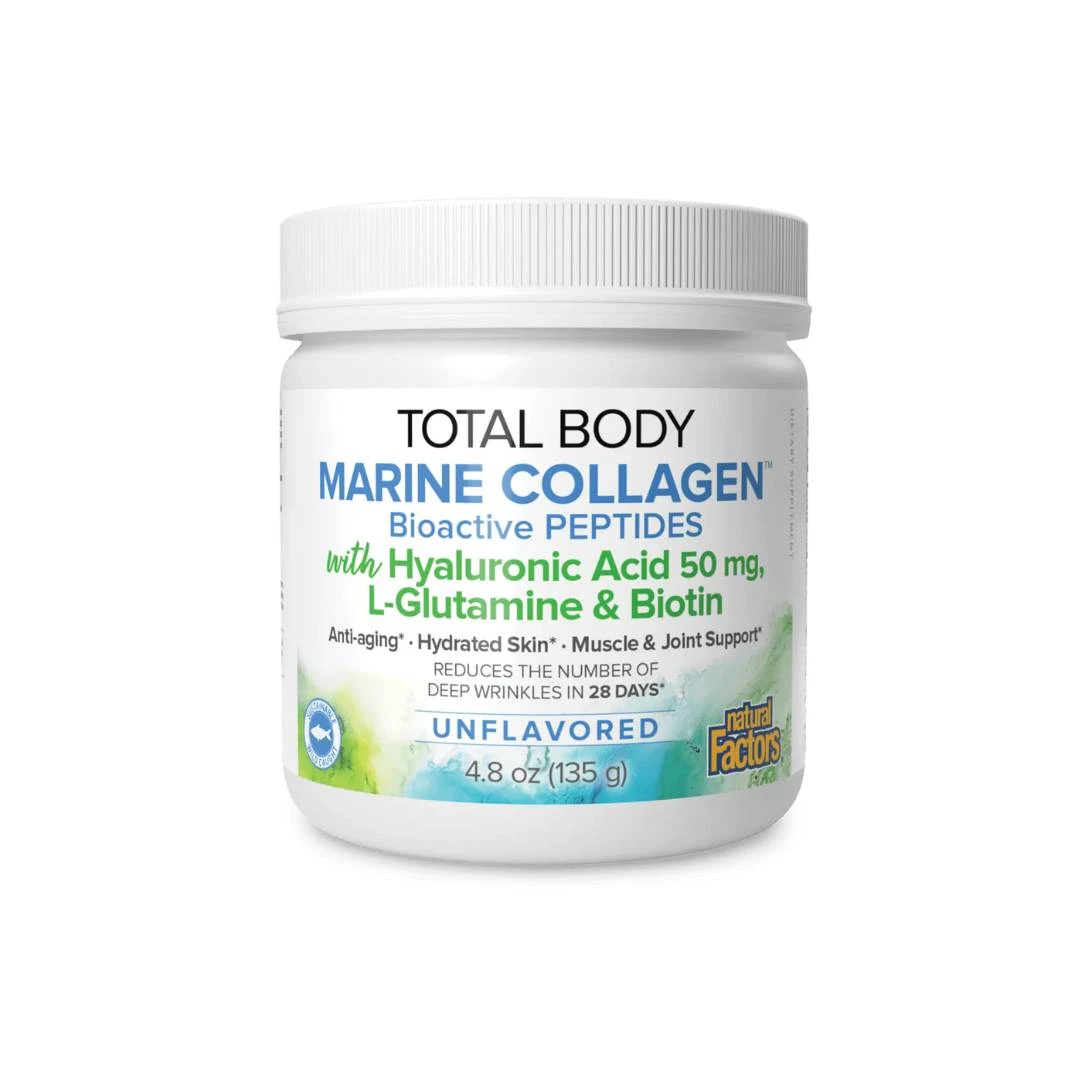 Natural Factors Total Body Marine Collagen 135 g; Riblji Kolagen Neutralnog Ukusa sa Hijaluronskom Kiselinom, Biotinom i Glutaminom