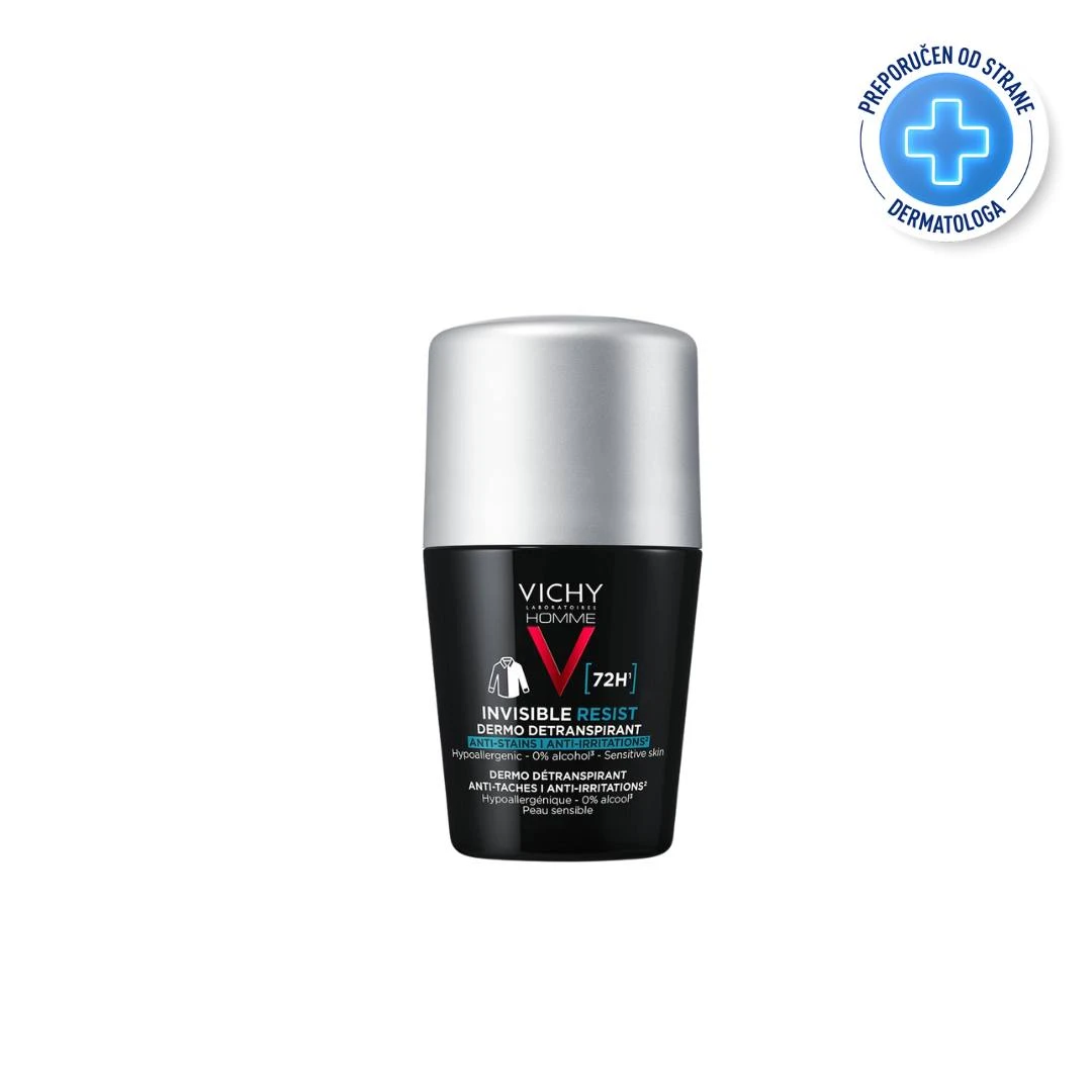 VICHY HOMME INVISIBLE RESIST Antiperspirant Roll-on za Zaštitu od Znojenja do 72h, bez Alkohola, Ne Ostavlja Tragove 50 mL