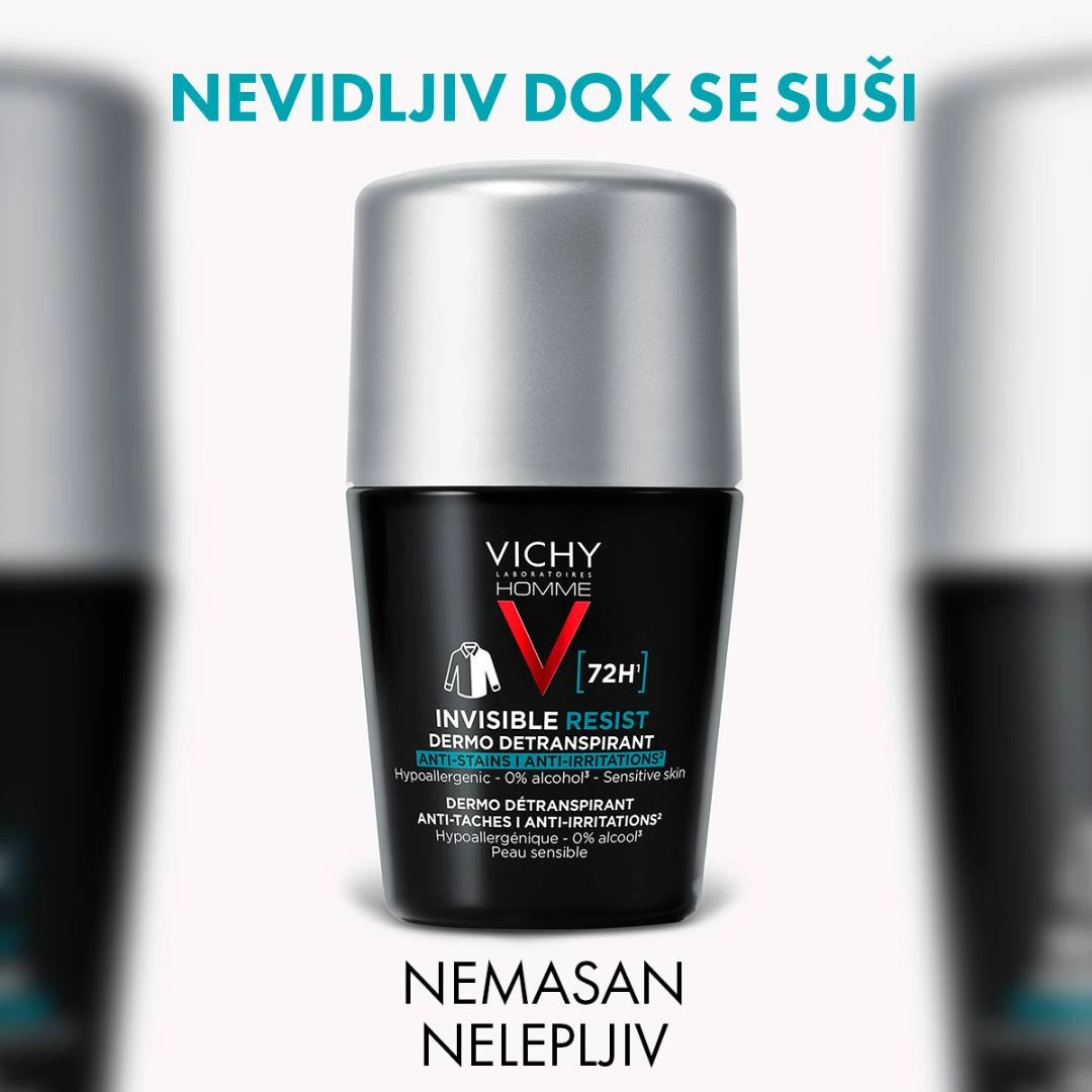 VICHY HOMME INVISIBLE RESIST Antiperspirant Roll-on za Zaštitu od Znojenja do 72h, bez Alkohola, Ne Ostavlja Tragove 50 mL